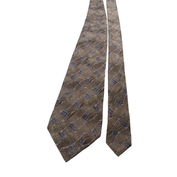 Van Heusen Silk Necktie Tie Brown and Blue Geometric Pattern Mens - Picture 1 of 5